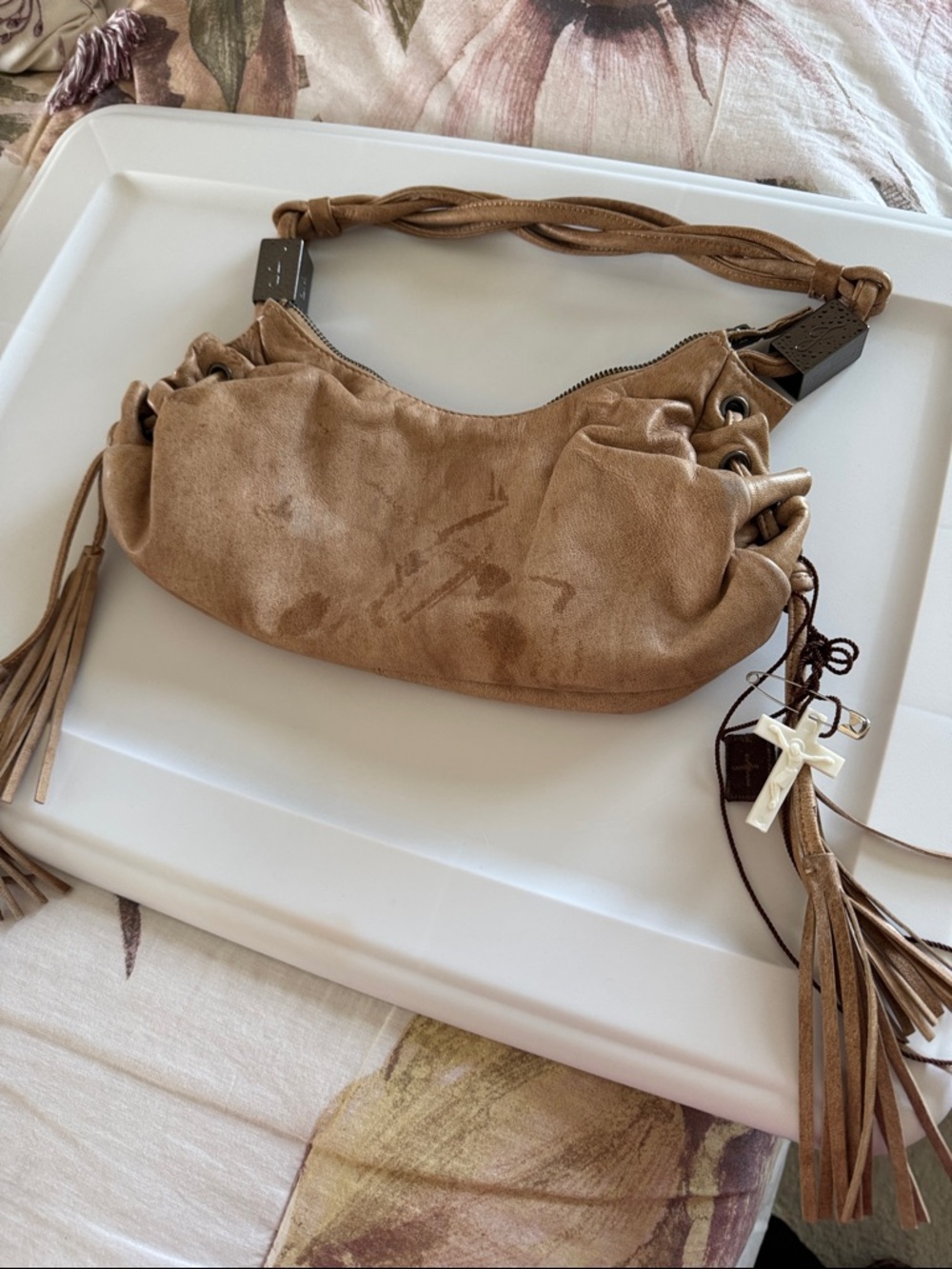 Jennifer Lopez Tan Suede Braided-Handle Wristlet Clutch